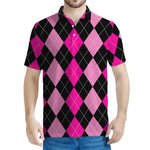 Black And Deep Pink Argyle Pattern Print Men's Polo Shirt