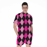 Black And Deep Pink Argyle Pattern Print Men's Rompers