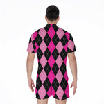 Black And Deep Pink Argyle Pattern Print Men's Rompers