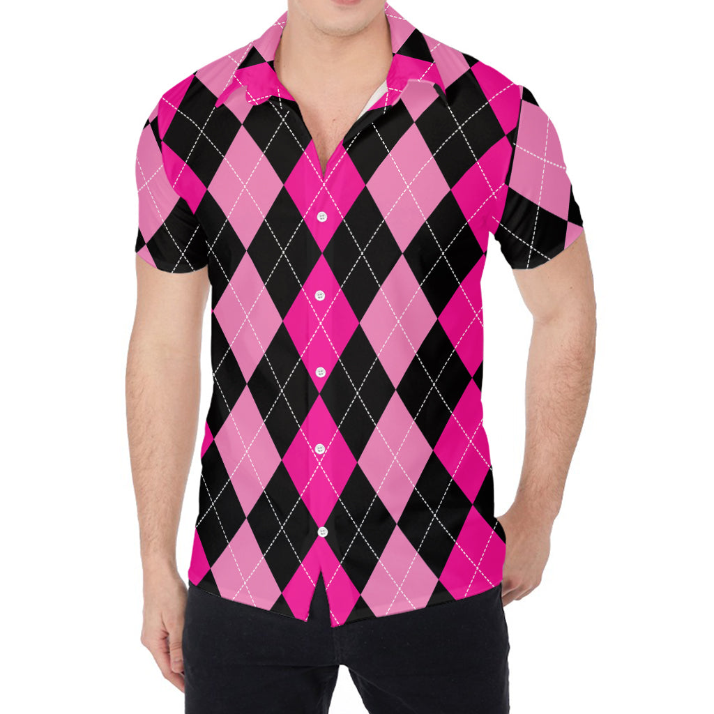 Black And Deep Pink Argyle Pattern Print Men's Shirt