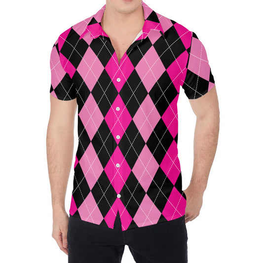 Black And Deep Pink Argyle Pattern Print Men's Shirt