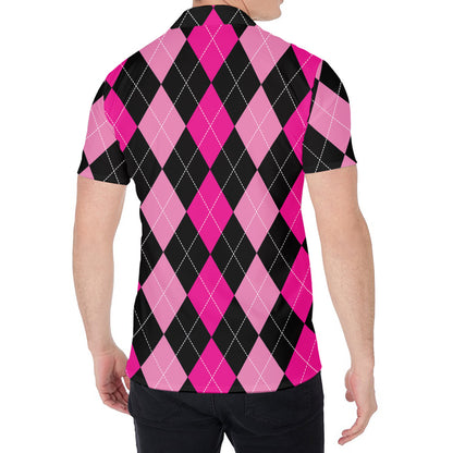 Black And Deep Pink Argyle Pattern Print Men's Shirt