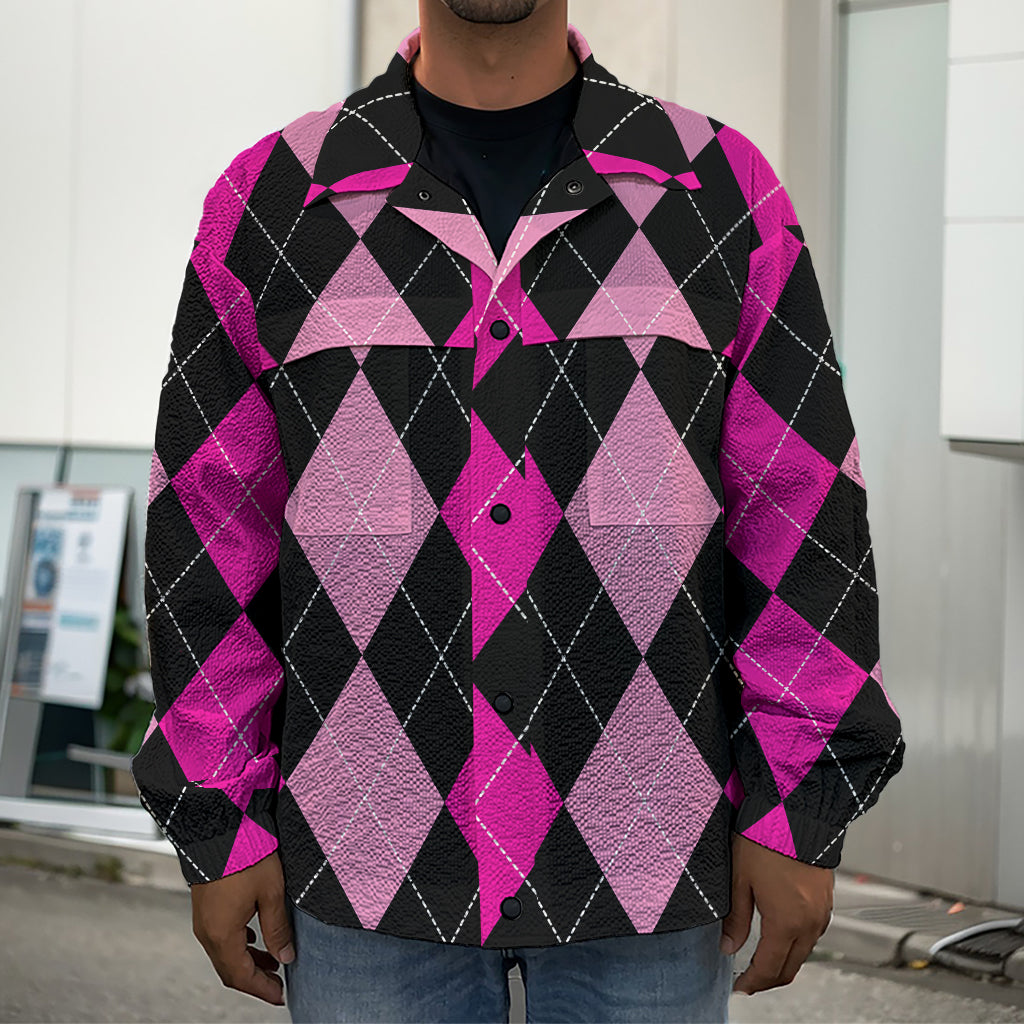 Black And Deep Pink Argyle Pattern Print Men's Shirt Jacket