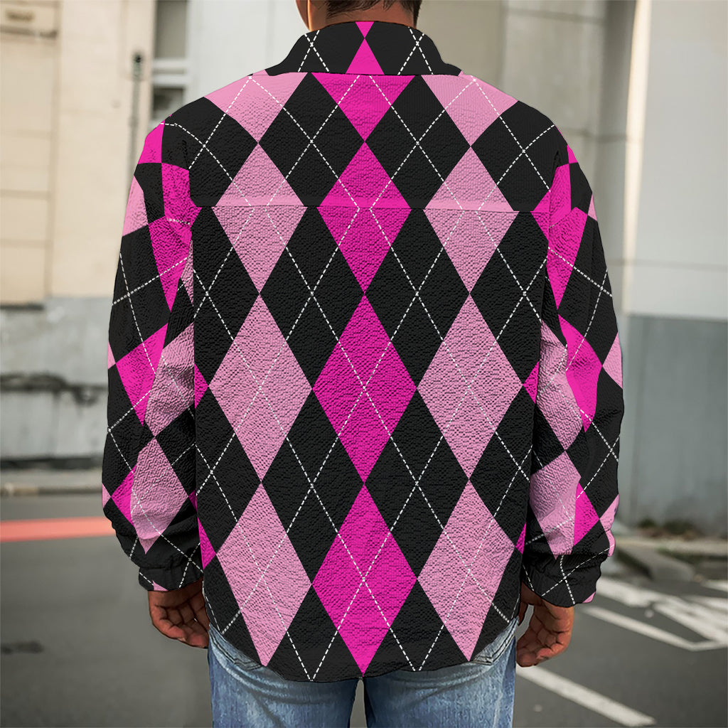 Black And Deep Pink Argyle Pattern Print Men's Shirt Jacket