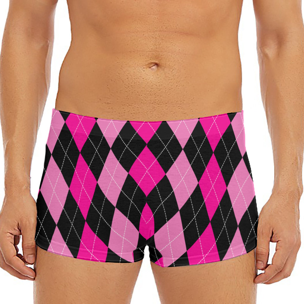 Black And Deep Pink Argyle Pattern Print Men's Short Boxer Briefs