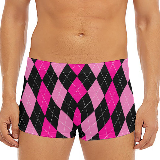 Black And Deep Pink Argyle Pattern Print Men's Short Boxer Briefs