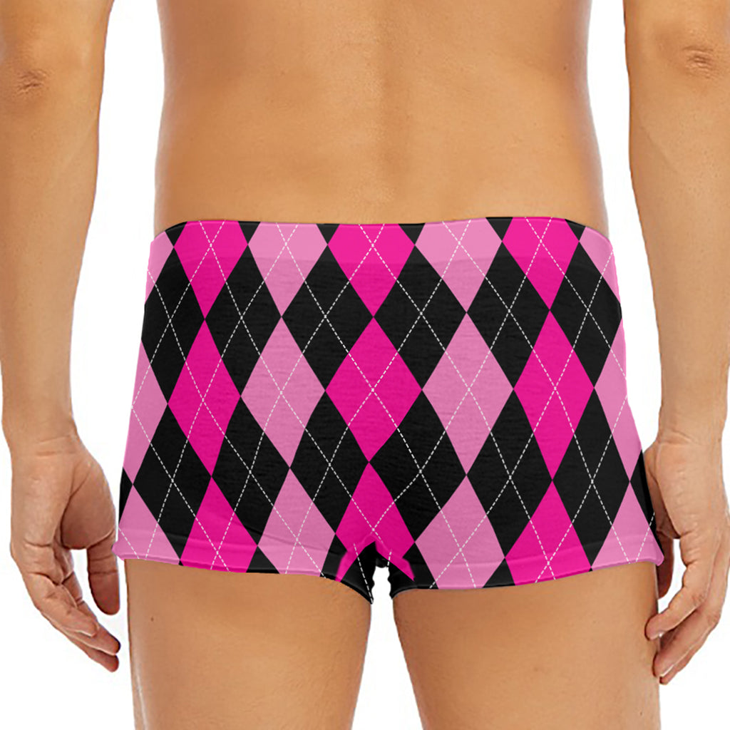 Black And Deep Pink Argyle Pattern Print Men's Short Boxer Briefs