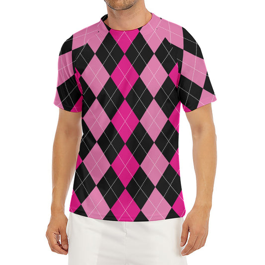 Black And Deep Pink Argyle Pattern Print Men's Short Sleeve Rash Guard