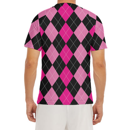 Black And Deep Pink Argyle Pattern Print Men's Short Sleeve Rash Guard