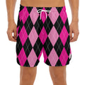 Black And Deep Pink Argyle Pattern Print Men's Split Running Shorts