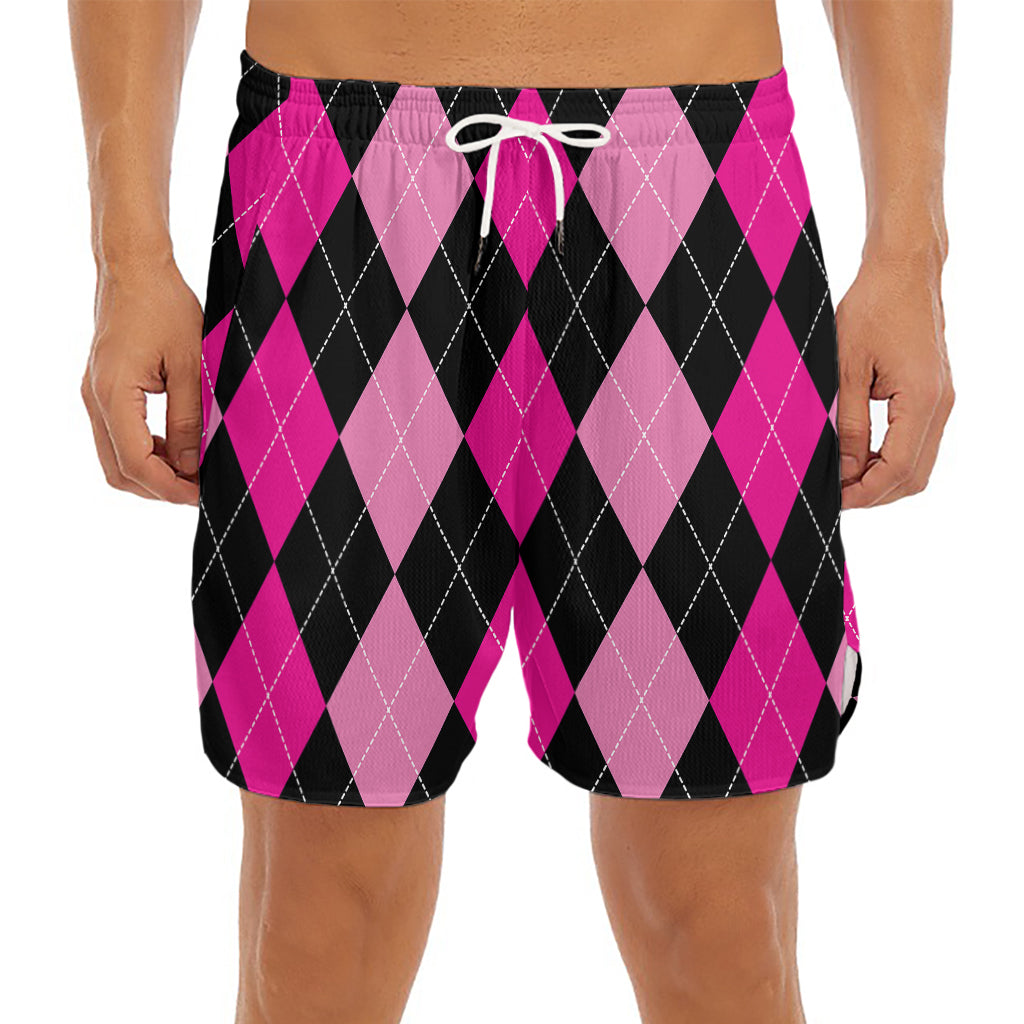 Black And Deep Pink Argyle Pattern Print Men's Split Running Shorts