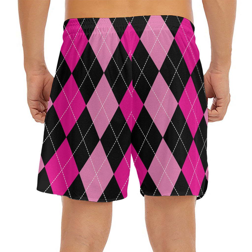 Black And Deep Pink Argyle Pattern Print Men's Split Running Shorts