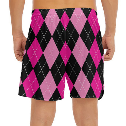 Black And Deep Pink Argyle Pattern Print Men's Split Running Shorts