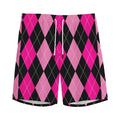 Black And Deep Pink Argyle Pattern Print Men's Athletic Shorts