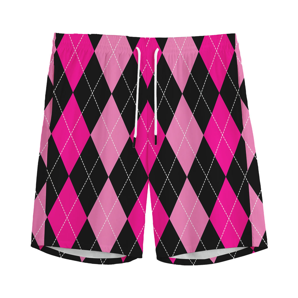 Black And Deep Pink Argyle Pattern Print Men's Sports Shorts