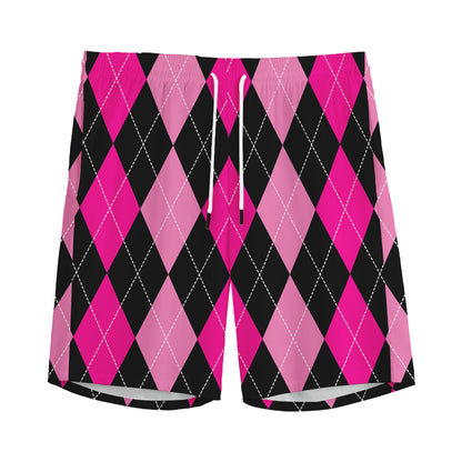 Black And Deep Pink Argyle Pattern Print Men's Sports Shorts