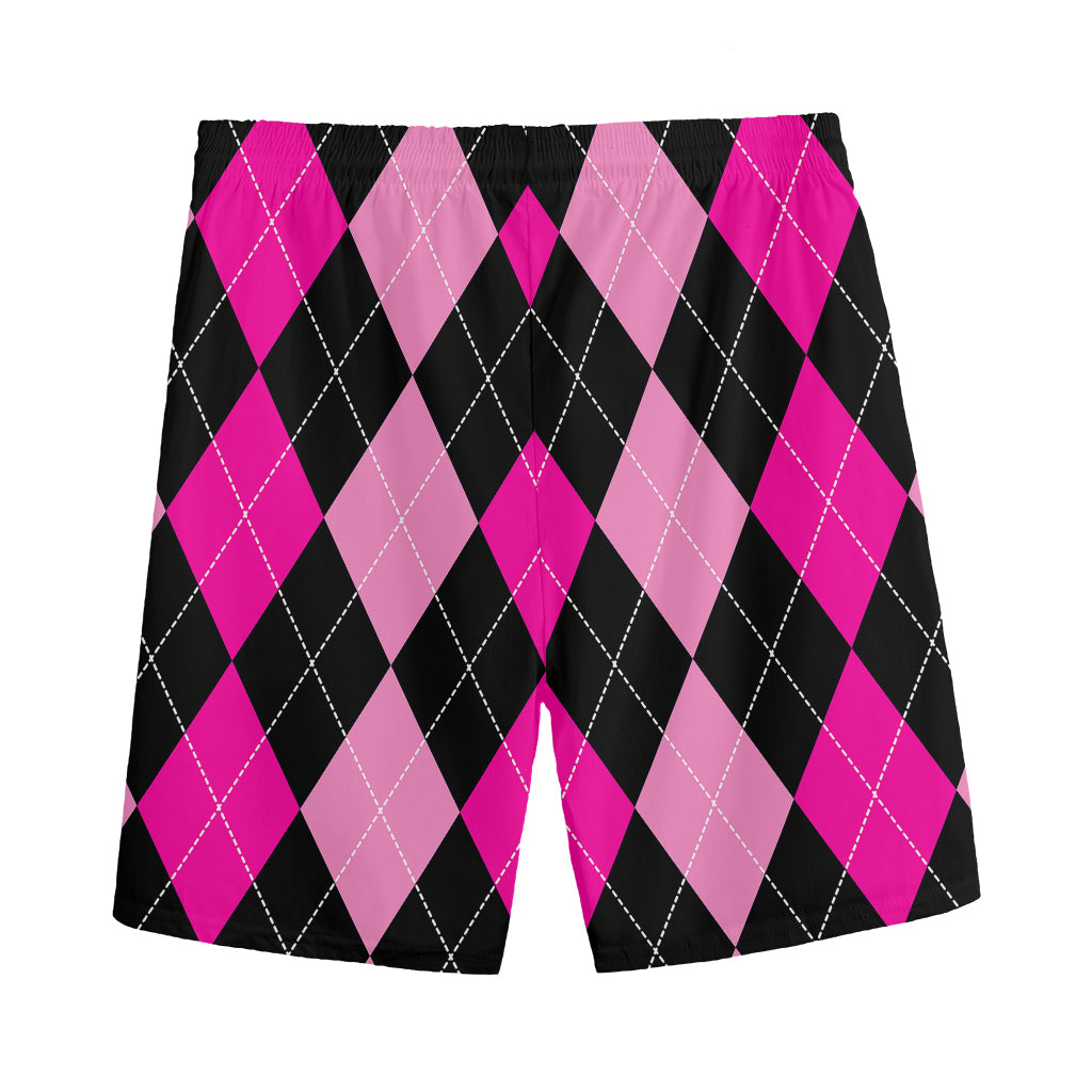 Black And Deep Pink Argyle Pattern Print Men's Sports Shorts