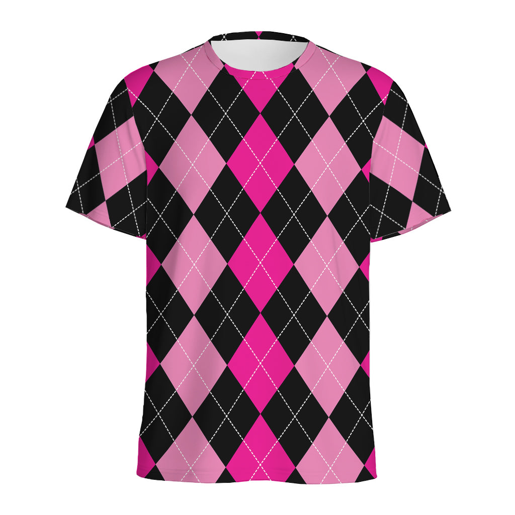 Black And Deep Pink Argyle Pattern Print Men's Sports T-Shirt