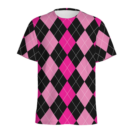 Black And Deep Pink Argyle Pattern Print Men's Sports T-Shirt