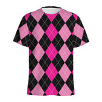 Black And Deep Pink Argyle Pattern Print Men's Sports T-Shirt