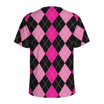 Black And Deep Pink Argyle Pattern Print Men's Sports T-Shirt