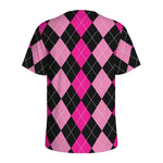 Black And Deep Pink Argyle Pattern Print Men's Sports T-Shirt