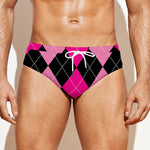 Black And Deep Pink Argyle Pattern Print Men's Swim Briefs