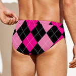 Black And Deep Pink Argyle Pattern Print Men's Swim Briefs