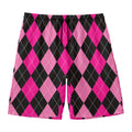 Black And Deep Pink Argyle Pattern Print Men's Swim Trunks