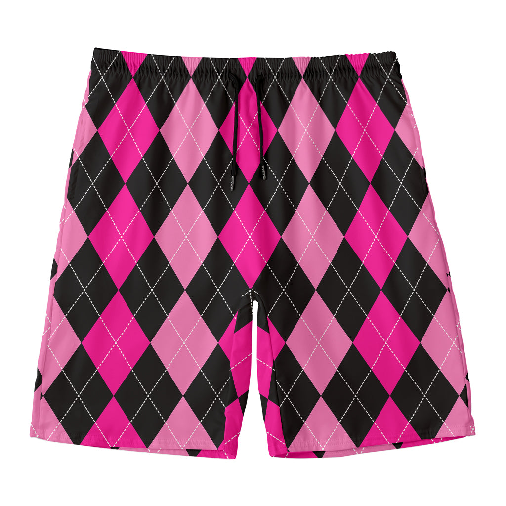 Black And Deep Pink Argyle Pattern Print Men's Swim Trunks