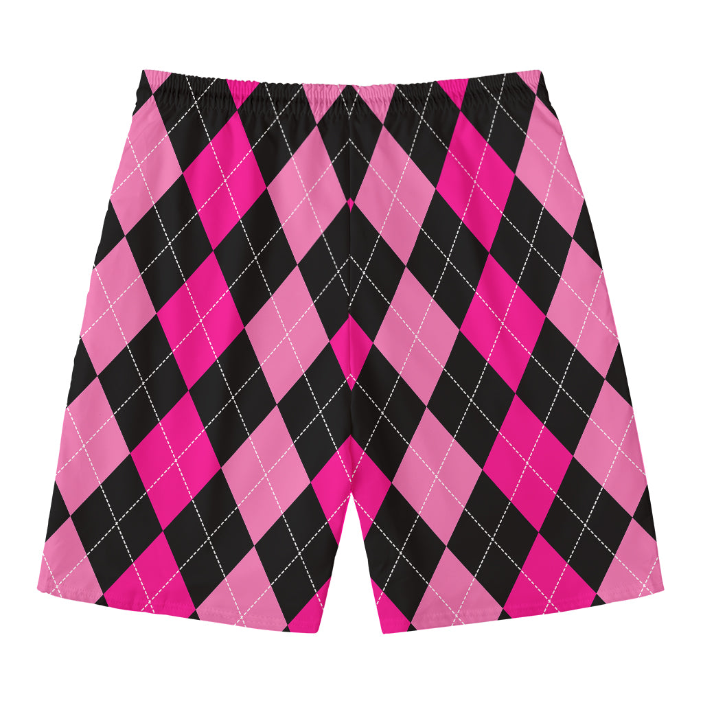 Black And Deep Pink Argyle Pattern Print Men's Swim Trunks