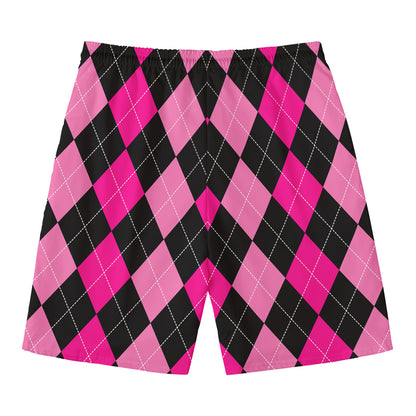 Black And Deep Pink Argyle Pattern Print Men's Swim Trunks