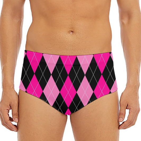 Black And Deep Pink Argyle Pattern Print Men's Triangle Swim Briefs