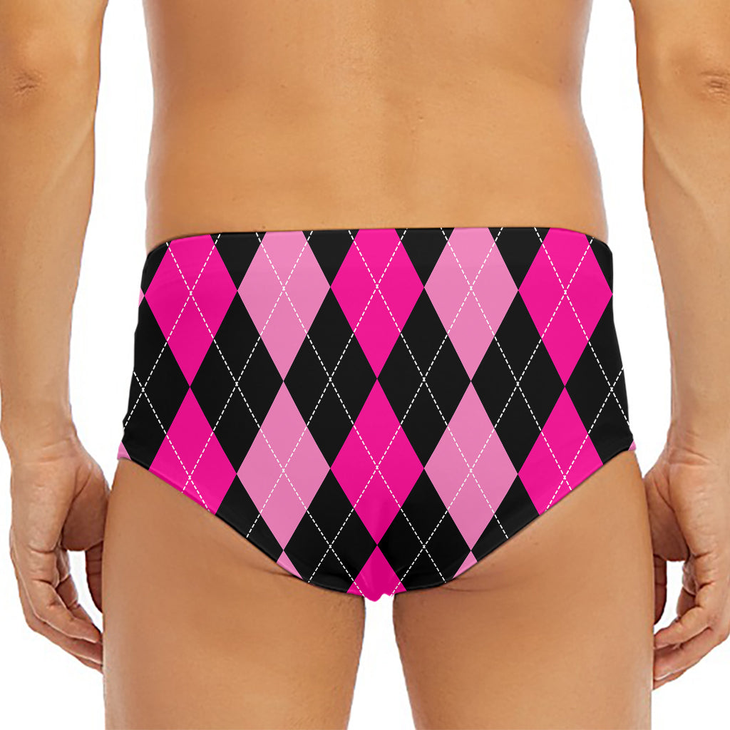 Black And Deep Pink Argyle Pattern Print Men's Triangle Swim Briefs