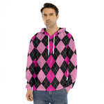 Black And Deep Pink Argyle Pattern Print Men's Velvet Pullover Hoodie