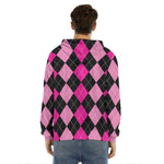 Black And Deep Pink Argyle Pattern Print Men's Velvet Pullover Hoodie