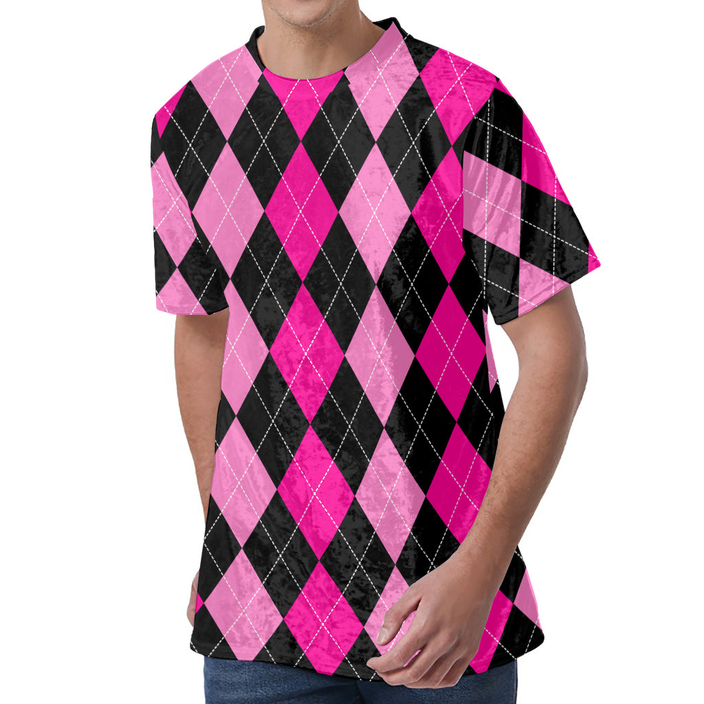 Black And Deep Pink Argyle Pattern Print Men's Velvet T-Shirt