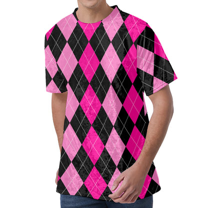 Black And Deep Pink Argyle Pattern Print Men's Velvet T-Shirt