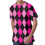 Black And Deep Pink Argyle Pattern Print Men's Velvet T-Shirt