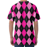 Black And Deep Pink Argyle Pattern Print Men's Velvet T-Shirt