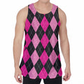 Black And Deep Pink Argyle Pattern Print Men's Velvet Tank Top