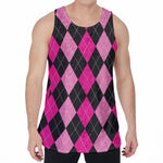 Black And Deep Pink Argyle Pattern Print Men's Velvet Tank Top