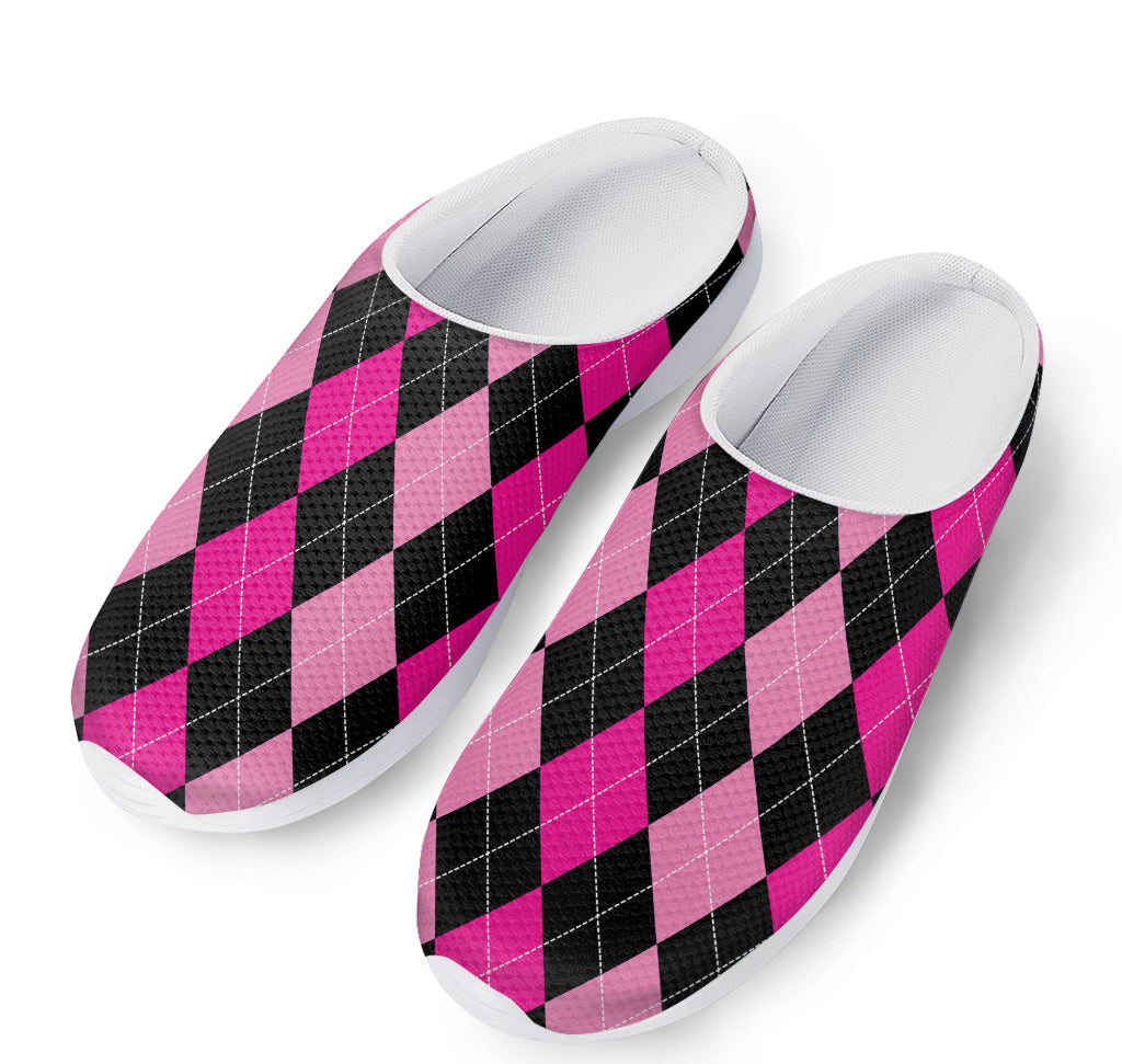 Black And Deep Pink Argyle Pattern Print Mesh Casual Shoes