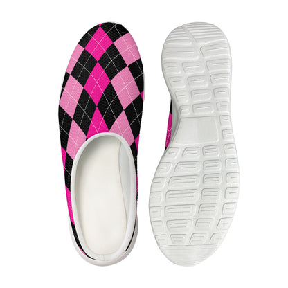 Black And Deep Pink Argyle Pattern Print Mesh Casual Shoes
