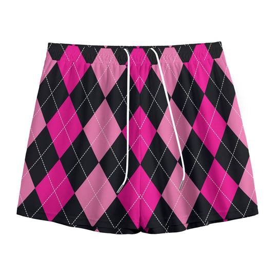 Black And Deep Pink Argyle Pattern Print Mesh Shorts