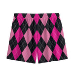 Black And Deep Pink Argyle Pattern Print Mesh Shorts