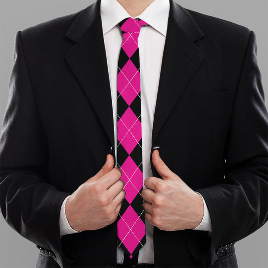 Black And Deep Pink Argyle Pattern Print Necktie