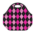 Black And Deep Pink Argyle Pattern Print Neoprene Lunch Bag