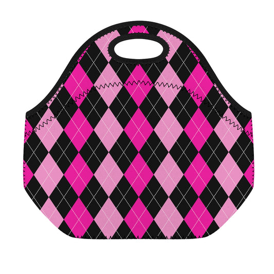 Black And Deep Pink Argyle Pattern Print Neoprene Lunch Bag