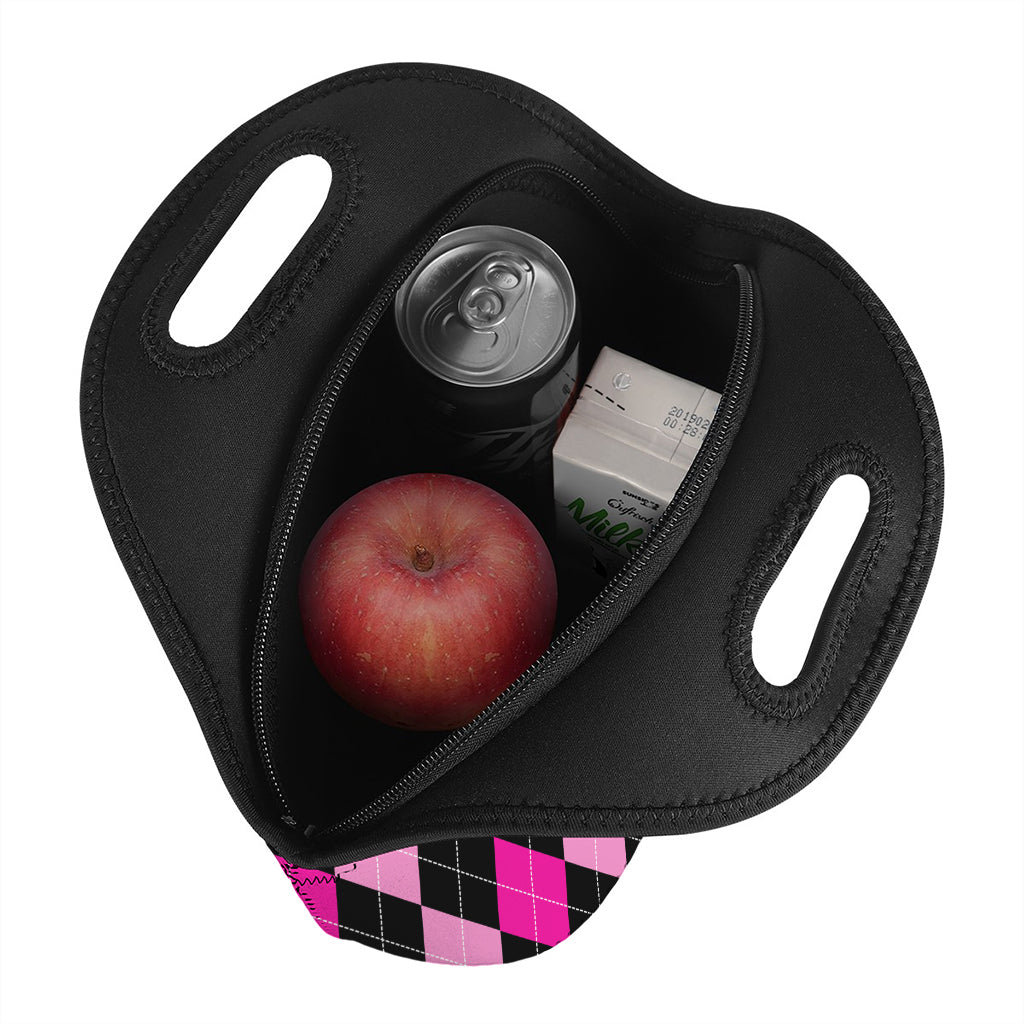 Black And Deep Pink Argyle Pattern Print Neoprene Lunch Bag